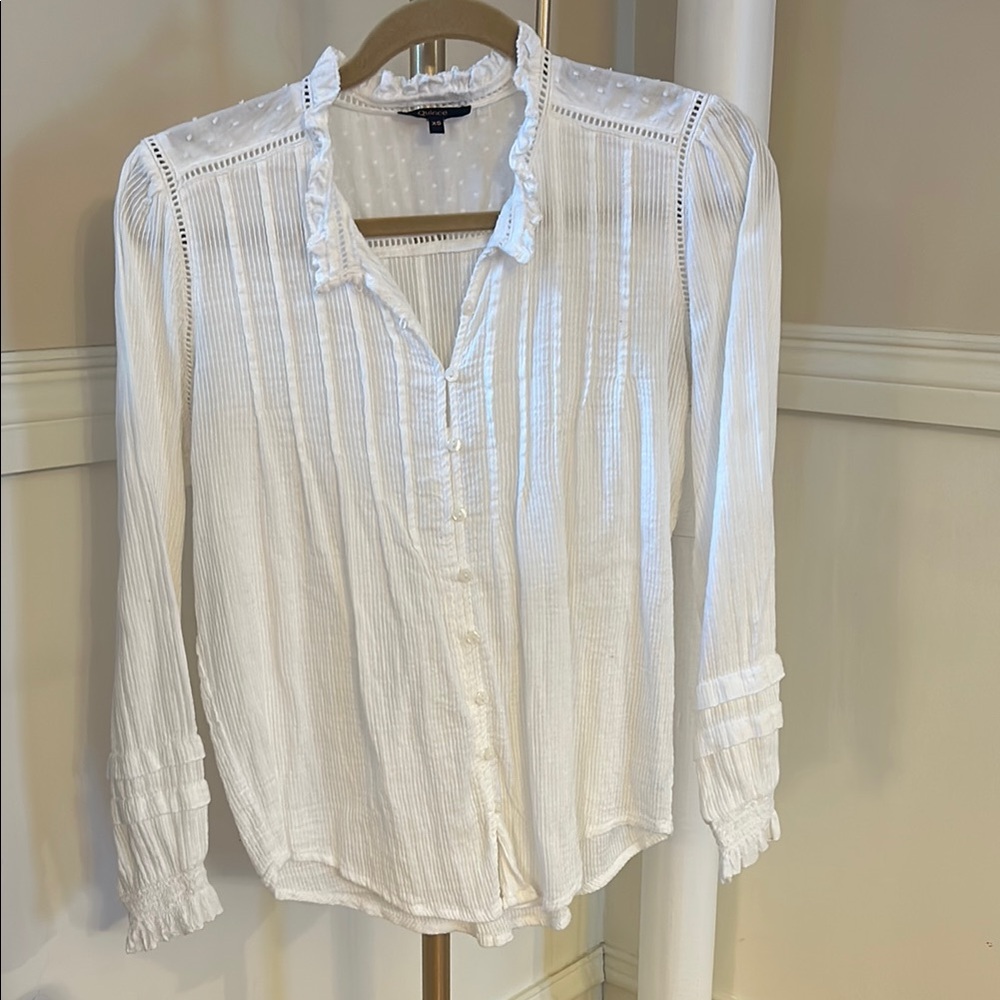 Quince White Blouse with Bib Collar and Ruffled Style